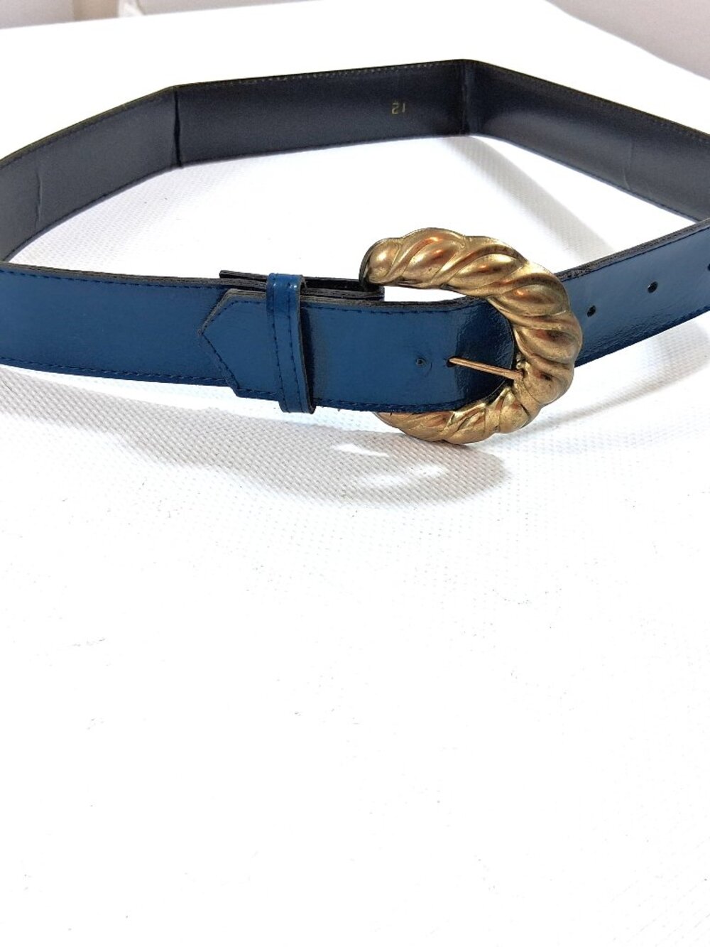 Vintage 80s 90s Blue Belt with Twisted Crescent Gold Tone Buckle Women 12